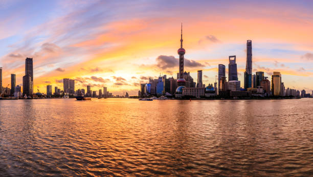 Early morning Shanghai cityscape commercial buildings and skyline stock photo
