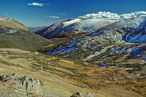 Early Snow on the Continental Divide Trail Ridge Road crosses the Continental Divide of the Rocky Mountains. The summit of the famous road, at 12,183 feet above sea level, is the highest road in Colorado. Trail Ridge Road is in Rocky Mountain National Park, Colorado, USA. jeff goulden rocky mountain national park stock pictures, royalty-free photos & images