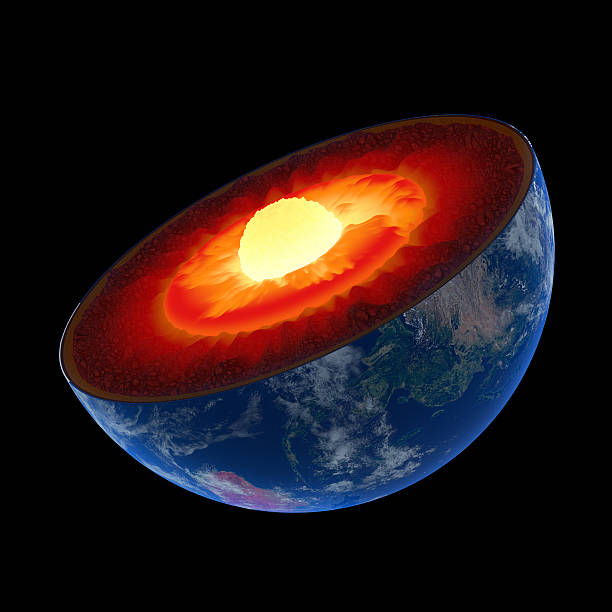 Earth core structure to scale - isolated Earth core structure illustrated with geological layers according to scale - isolated on black (Elements of this 3d image furnished by NASA -  source maps from http://visibleearth.nasa.gov/) earth's core stock pictures, royalty-free photos & images