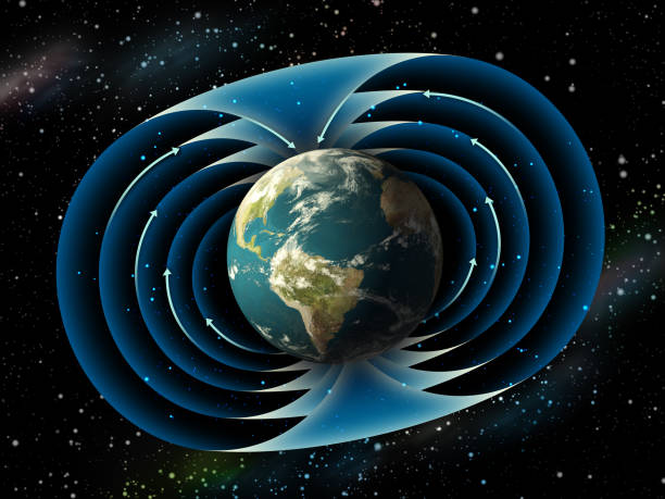 Earth magnetic field Magnetic field surrounding planet earth. Digital illustration. geomagnetic storm stock pictures, royalty-free photos & images