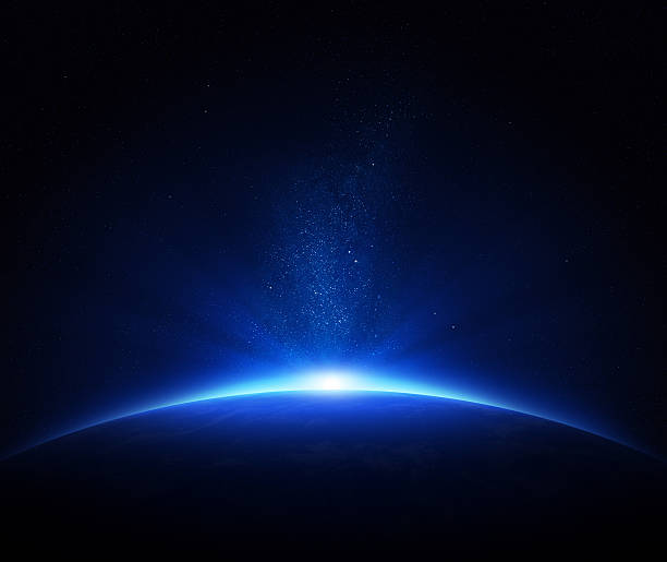 Earth sunrise in space Earth - sunrise in deep blue space horizon stock pictures, royalty-free photos & images
