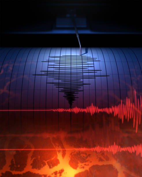 Earthquake Seismograph with paper in action and earthquake - 3D Rendering earthquake stock pictures, royalty-free photos & images