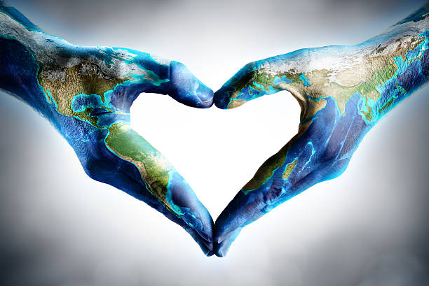 earth's day celebration - hands shaped heart with world map 3d rendering, Earth. rendering in photoshop - Photorealistic globe with lots of details.  environmental consciousness stock pictures, royalty-free photos & images