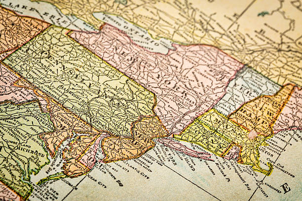 USA east coast on vintage map USA east coast with New York City on  a vintage 1920s map, selective focus (printed in 1926 - copyrights expired) map of new england states stock pictures, royalty-free photos & images