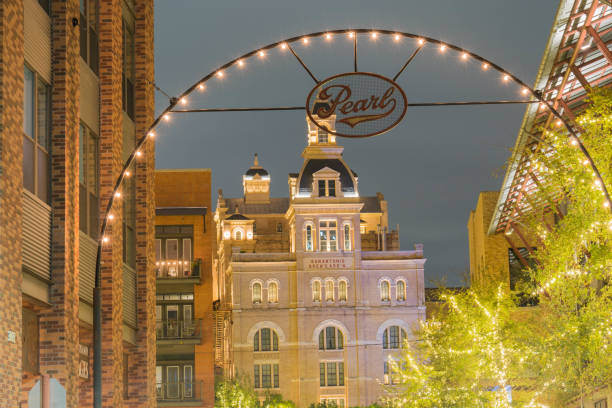 East Entrance to the Pearl Brewery at Night stock photo