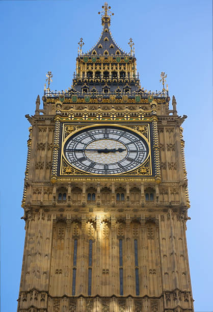 East side of famous tower clock-Big Ben with afternoon light reflection on facade and clear blue sky in background stock photo