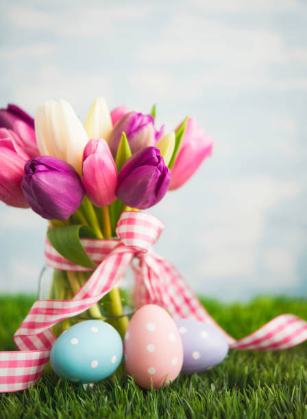 Easter background with vibrant pink tulips and polka dot Easter eggs on grass Easter background with vibrant pink tulips and polka dot Easter eggs on grass easter sunday stock pictures, royalty-free photos & images