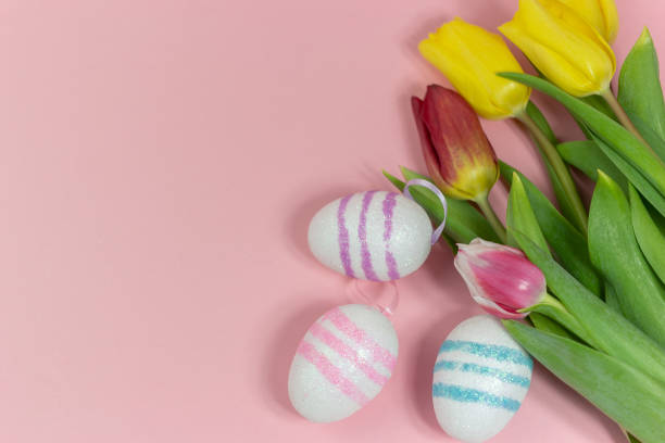 Easter border composition with Easter eggs and yellow and red tulips on a pink background. A stylish concept of minimalist decor. Space for copying. Festive flat banner with greeting card stock photo