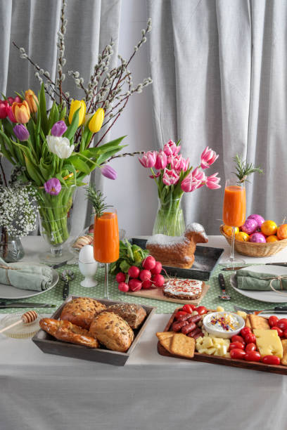 Easter Brunch Table with food and drinks for easter sunday breakfast  easter sunday stock pictures, royalty-free photos & images
