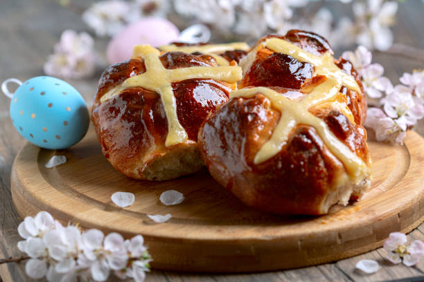 Easter buns with a cross  close up. stock photo