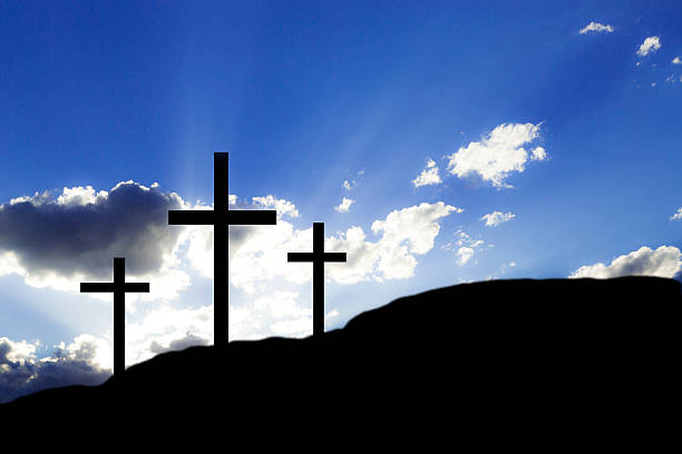 Easter. Crucifixion.  Three crosses on a hill.  Christianity.  good friday stock pictures, royalty-free photos & images