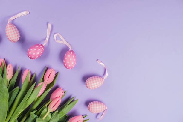 Easter Decoration with Pink Tulips and Easter Eggs on Purple Background  easter sunday stock pictures, royalty-free photos & images