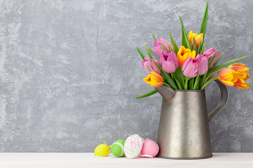 Easter Eggs And Colorful Tulips Bouquet Stock Photo - Download Image ...