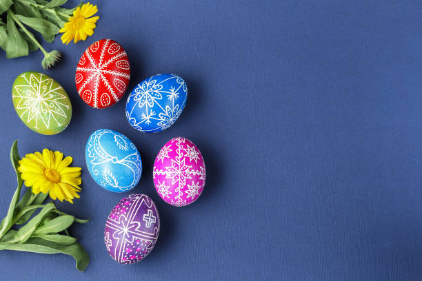 Easter eggs decorated with wax resist technique stock photo