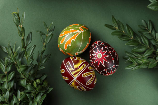 Easter eggs decorated with wax resist technique stock photo