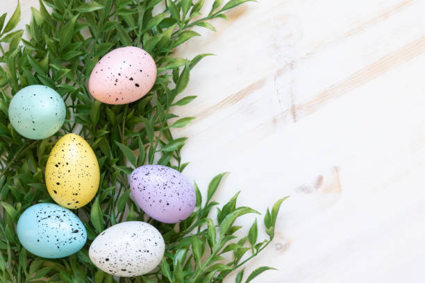 Easter Eggs on green leaves Border of speckled pastel easter eggs laying on green leaves on a white wood background with copy space easter sunday stock pictures, royalty-free photos & images