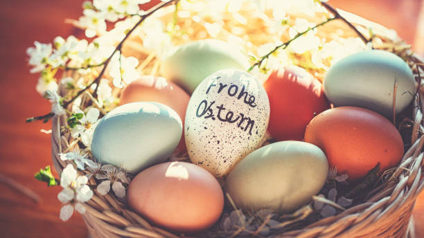 Easter egg with German lettering "Happy Easter" and other natural chicken eggs in the nest of grass