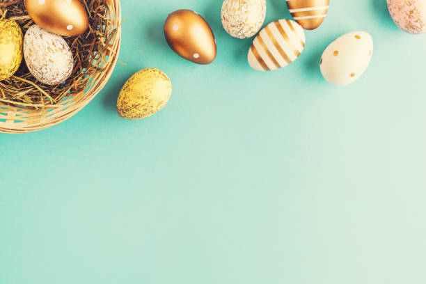 Easter Flat Lay of Eggs in Nest stock photo