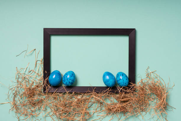 Easterly decorated frame leaving copy space Easterly decorated frame with hay and blue eggs leaving copy space aqua menthe photos stock pictures, royalty-free photos & images