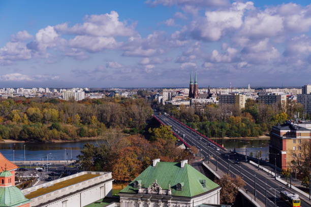 Eastern Warsaw, Poland panoramic aerial view on Vistula River. stock photo