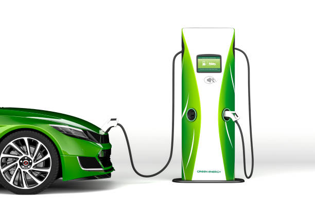 Eco Car Illustration. Cropped Variation Generic Green Electric Vehicle Being Charge By An Electric Vehicle Charging Station, Isolated Against White stock photo