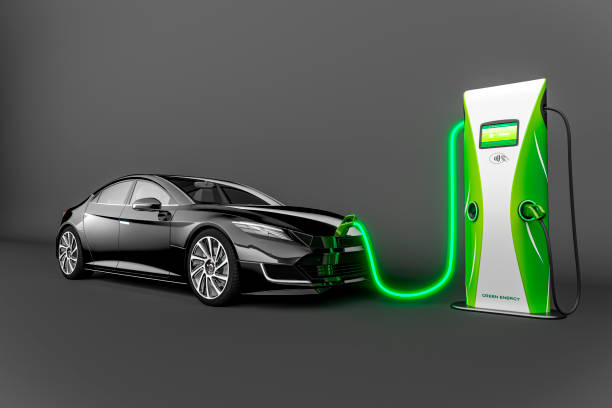 Eco Car Illustration. Wide Angle View Of A Generic Black Electric Vehicle Being Charged By A Glowing Cable From An Electric Vehicle Charging Station, Isolated Against Grey stock photo