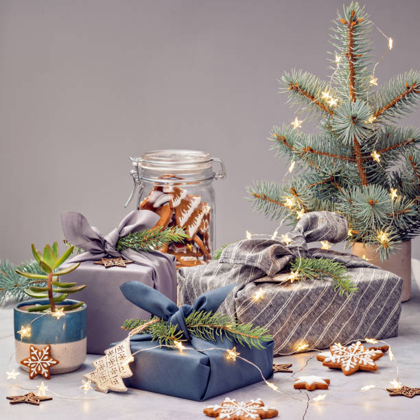 Eco Friendly Christmas concept with Cloth wrapped Gifts stock photo