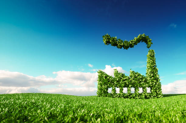 eco vänliga industrin koncept. 3d-rendering av grön fabrik ikonen på färsk våren äng med blå himmel i bakgrunden. - utsläpp bildbanksfoton och bilder