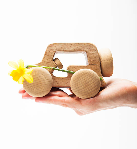 Eco Future Vehicle. Hand Holding a Wood Car Scale Model. stock photo