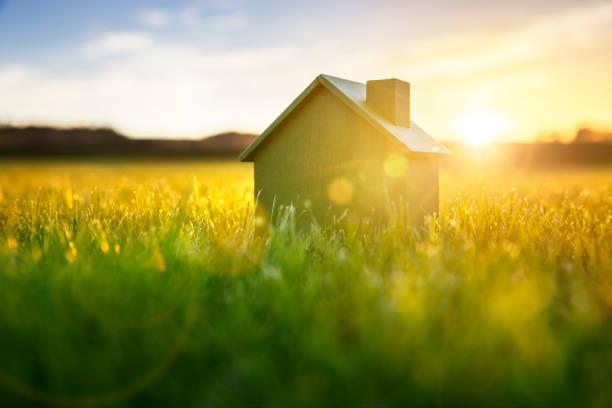 Ecological green wood  model house in empty field at sunset stock photo