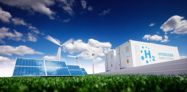 Ecology energy solution. Power to gas concept. Ecology energy solution. Power to gas concept. Hydrogen energy storage with renewable energy sources - photovoltaic and wind turbine power plant in a fresh nature. 3d rendering. storage unit stock pictures, royalty-free photos & images