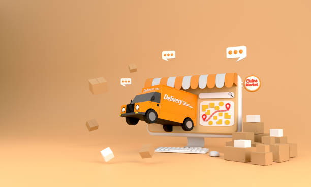 E-commerce concept, Shopping online and delivery service on computer application, Transportation high-speed delivery by truck, stock photo