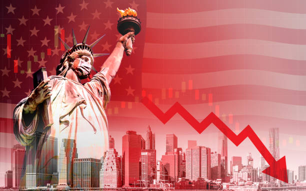 Economic recession during the coronavirus outbreak in United States Concept of economic recession during the coronavirus outbreak in United States, downtrend stock with red arrow and The Statue of Liberty with mask background recession stock pictures, royalty-free photos & images