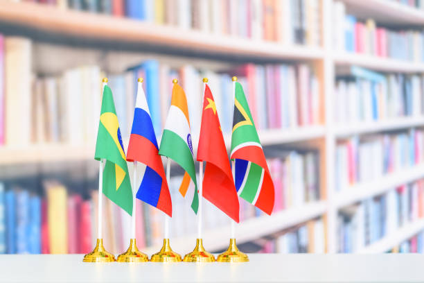 BRICS economy and policies concept : Flags of BRICS or group of five major emerging national economy i.e Brazil, Russia, India, China, South Africa. BRICS members are all leading developing countries. stock photo