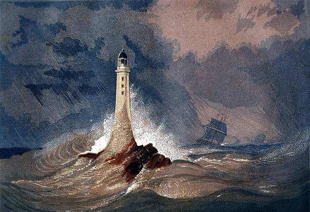 Eddystone Lighthouse (Smeaton's Tower) An engraved vintage colour illustration of  Eddystone Lighthouse (Smeaton's Tower), from a Victorian book dated 1847 that is no longer in copyright seascape stock pictures, royalty-free photos & images