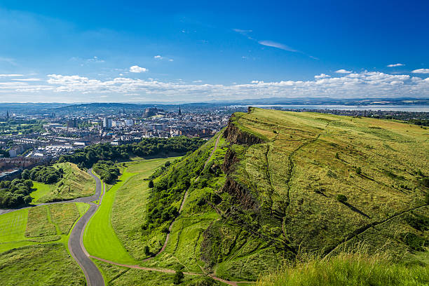 Edinburgh and green hills in summer stock photo