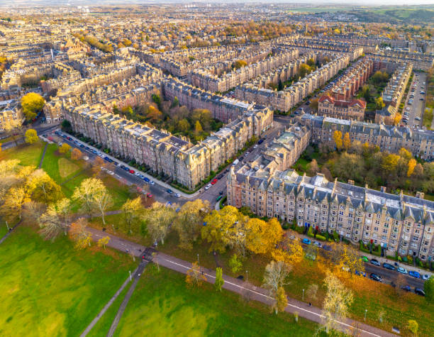 Edinburgh tenement blocks from the air An aerial view of streets of residential tenement buildings in Marchmont, Edinburgh. edinburgh scotland stock pictures, royalty-free photos & images