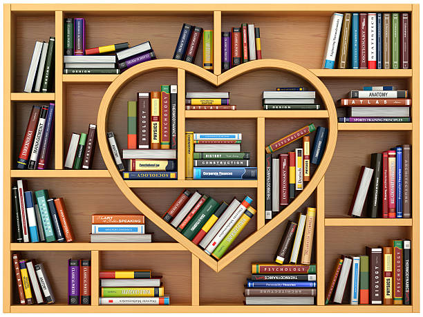 Education concept. Bookshelf with books and textbooks in form of Education concept. Bookshelf with books and textbooks in form of heart. I love reading. 3d love bookshelf stock pictures, royalty-free photos & images