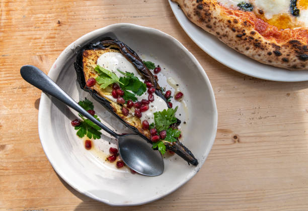 Eggplant and Pizza with Roasted Yogurt stock photo