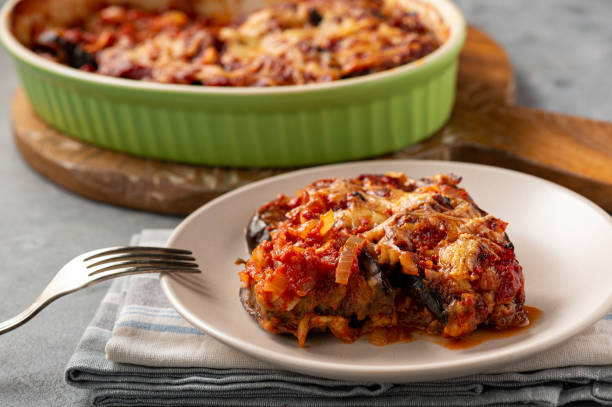 Eggplant casserole with tomato sauce and cheese, mediterranean cuisine. stock photo