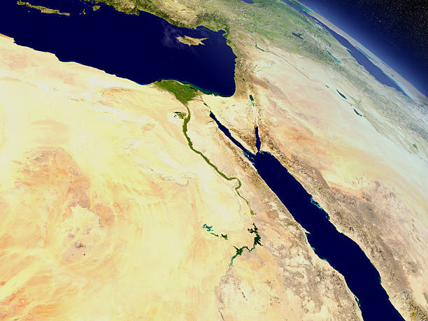 Egypt from space Egypt with surrounding region as seen from Earth's orbit in space. 3D illustration with highly detailed realistic planet surface and clouds in the atmosphere. Elements of this image furnished by NASA.. nile river stock pictures, royalty-free photos & images