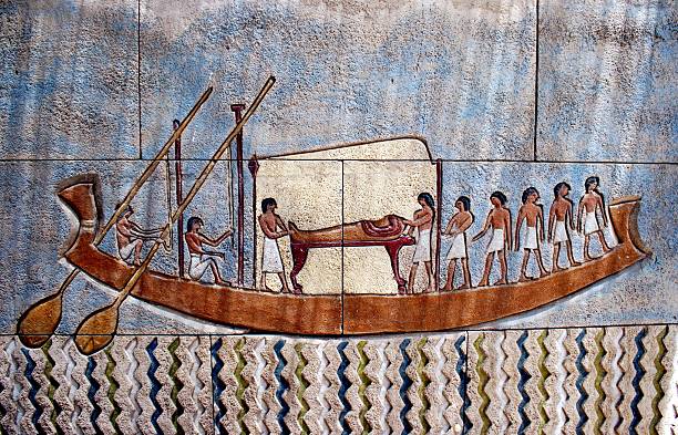 Egyptian mummy in the ship of Ra stock photo