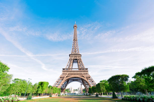 eiffel tour and Paris cityscape Paris Eiffel Tower over green grass lane and trees in Paris, France. Eiffel Tower is one of the most iconic landmarks of Paris. champ de mars photos stock pictures, royalty-free photos & images