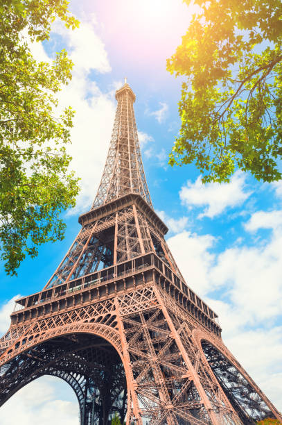Eiffel Tower against the sky in Paris, France. stock photo