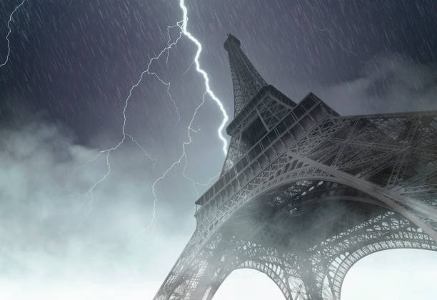 Eiffel tower during the heavy storm, rain and lighting in Paris, creative picture stock photo