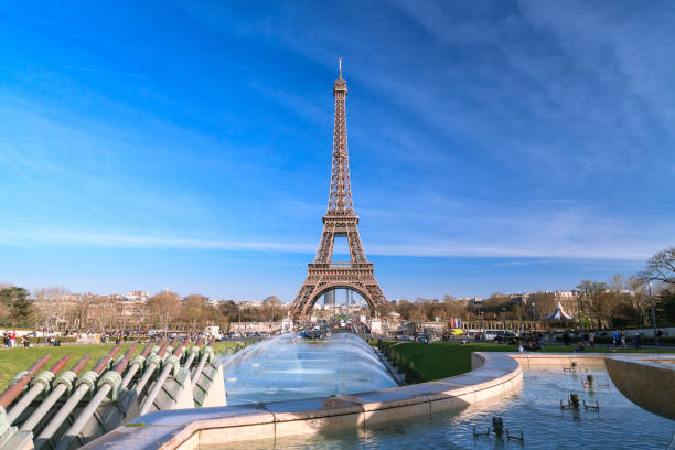Eiffel Tower seen from Trocadero with Water Fountains in front stock photo
