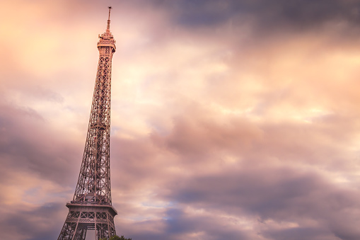 Eiffel tower view from trocadero with sunrays and clouds, Paris, France