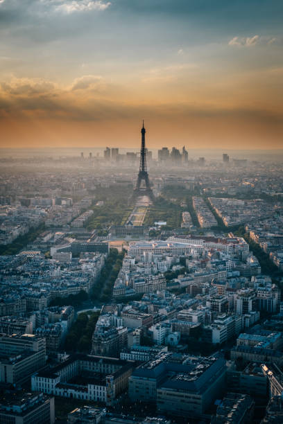 Eiffel tower with Paris aerial view during sunset stock photo