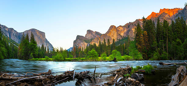 El Capitan and Merced River Panorama Panoramic View of El Capitan and Merced River in Spring, Yosemite National Park. californian sierra nevada stock pictures, royalty-free photos & images