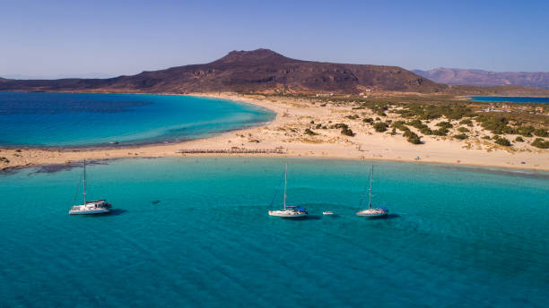 Elafonisi beach on south Peloponnese Aerial view of Elafonisi beach on south Peloponnese. Natural landscape, beautiful lagoon, amazing color of water and sand beaches made this place very popular peloponnese stock pictures, royalty-free photos & images
